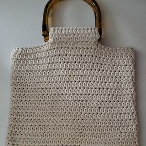 Aerie Crochet Handbag Tortoise Shell Handles Ivory Bag Summer BoHo